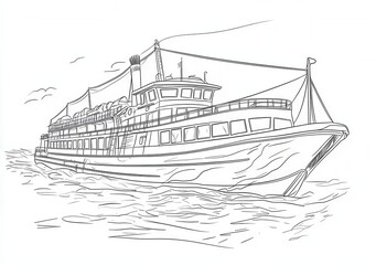 Obraz premium 汽船のスケッチ、優雅な船旅、モノクロイラストレーション