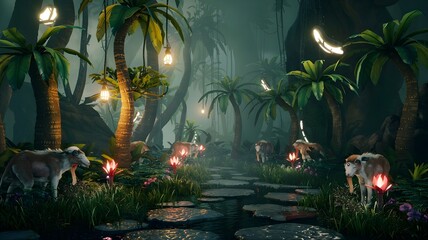 forest looking magical at night lights hanging on the all trees. Ai generated image