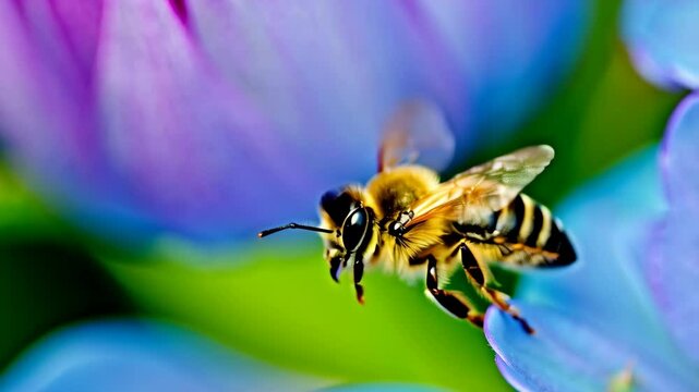 Detailed macro shot of a bee alighting on a vibrant purple flower with intricate patterns and blurred green background on a bright day