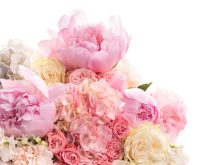 PNG. uxurious round bouquet of pink and white peonies, roses, hydrangeas and Asian buttercups.