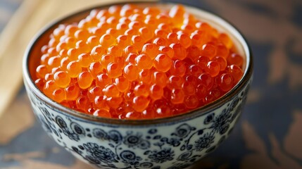 Fresh salmon roe served in an elegant patterned bowl, showcasing its vibrant color and texture
