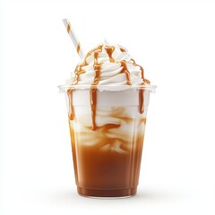 Caramel cream drink in cup isolated on white background