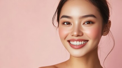Obraz premium Smiling woman with flawless complexion against a soft pink background.