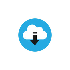 Flat vector illustration of a cloud download icon with a black arrow inside a blue circle, symbolizing data transfer, storage, file sharing, or digital backup. Ideal for tech content and UI design.