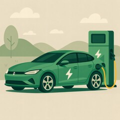Naklejka premium green car at charging station