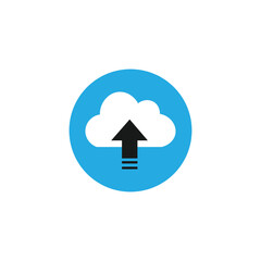 Minimalist vector image of a cloud upload icon with an upward arrow inside a blue circle, representing data transfer, cloud storage, digital sharing, or online backup solutions.