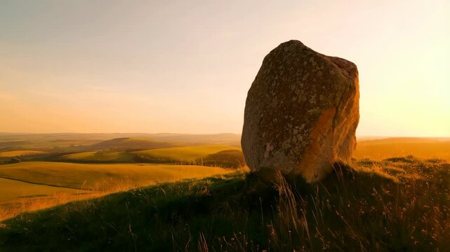 Dramatic boulder on hillside in warm golden light overlooking distant green fields at sunset, creating a peaceful and tranquil scene.
