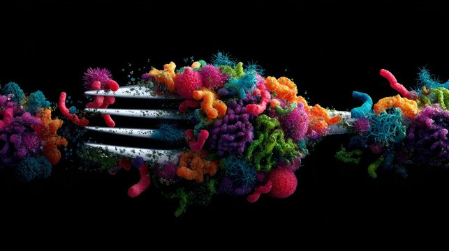 Fork covered with colorful bacteria and viruses, symbolizing food contamination and poor hygiene, highlighting the importance of kitchen utensil disinfection to prevent the spread of disease.