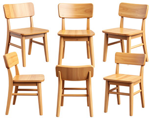 Fototapeta premium Six light-wood chairs shown from various angles, showcasing simple design and sturdy construction