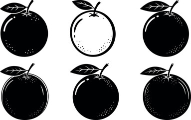 Six black and white oranges with leaves illustration