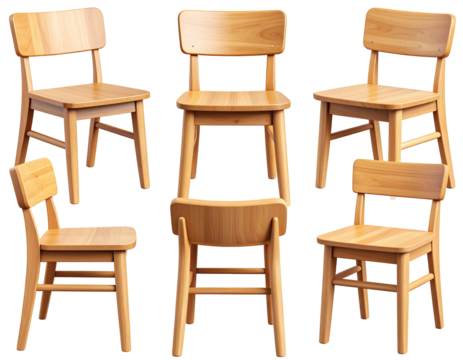 Six light-wood chairs shown from various angles, showcasing simple design and sturdy construction