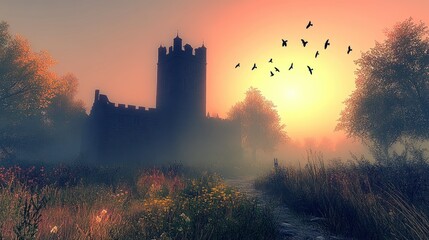 Fototapeta premium Misty morning landscape with a historic castle silhouette.