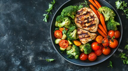 Healthy grilled chicken with fresh vegetables served on a dark plate in a rustic kitchen setting during lunchtime