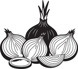 Fresh onions vegetable food cooking ingredient black and white illustration