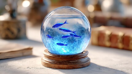 orb of water levitating with tiny fish swimming inside, glowing softly, laboratory filled with magic artifacts