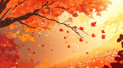 Autumn leaves falling, forest sunset, nature background, seasonal greeting card
