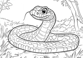 Fototapeta premium 線画のヘビ、自然環境、動物イラスト、爬虫類