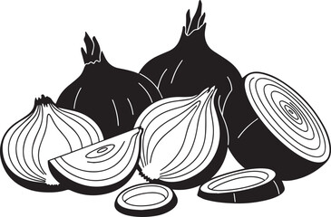 Fresh onions vegetable food cooking ingredients black and white illustration
