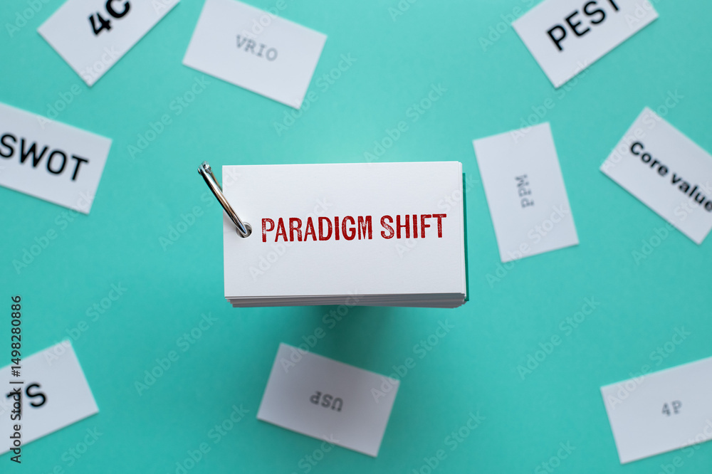 Poster there is word card with the word paradigm shift. it is as an eye-catching image.