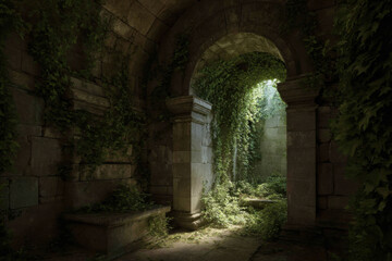 Obraz premium Ancient ruins covered with lush vegetation. Inside view of abandoned temple. Stone walls covered with creeper plants.