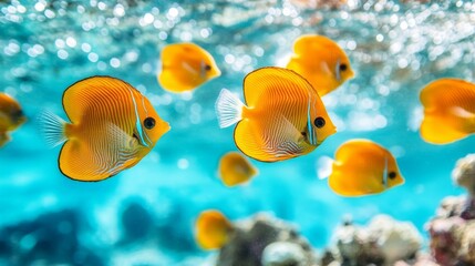 Fototapeta premium Colorful orange fish swim among coral in a vibrant underwater scene during daylight