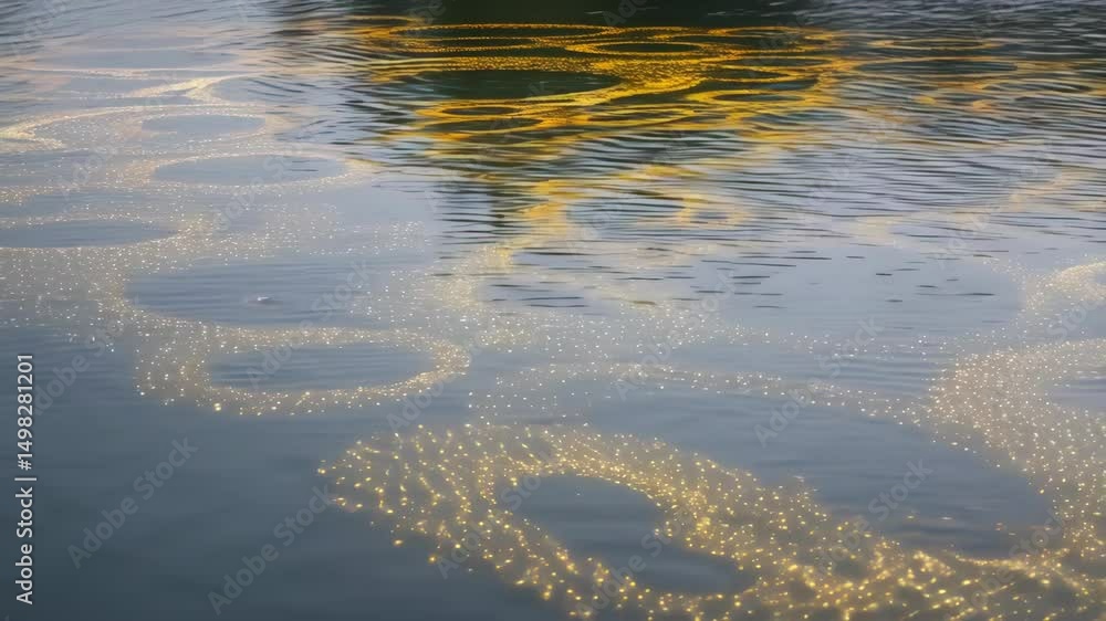 Poster Abstract patterns of sparkling lights reflected in dark water creating circles and repeating designs, adding depth and texture to the liquid surface
