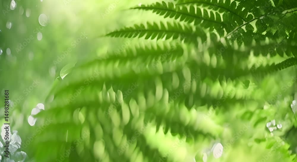 Poster close up view of a lush green fern leaf with water drops reflecting light in a serene natural enviro