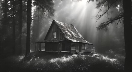 Enigmatic Black and White Image of an Abandoned Cabin Surrounded by Majestic Tall Trees with Sunlight Piercing Through the Dense Fog in a Mysterious Forest Setting 4K - Powered by Adobe