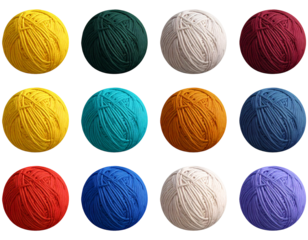 Twelve balls of yarn in various colors