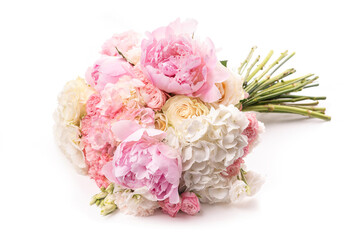 Luxurious round bouquet of pink and white peonies, roses, hydrangeas and Asian buttercups. Isolate on a white background. Congratulations	
