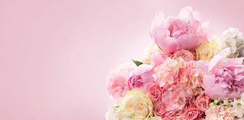 Luxurious round bouquet of pink and pink peonies, roses, hydrangeas and Asian buttercups. Isolate on a white background. Congratulations	