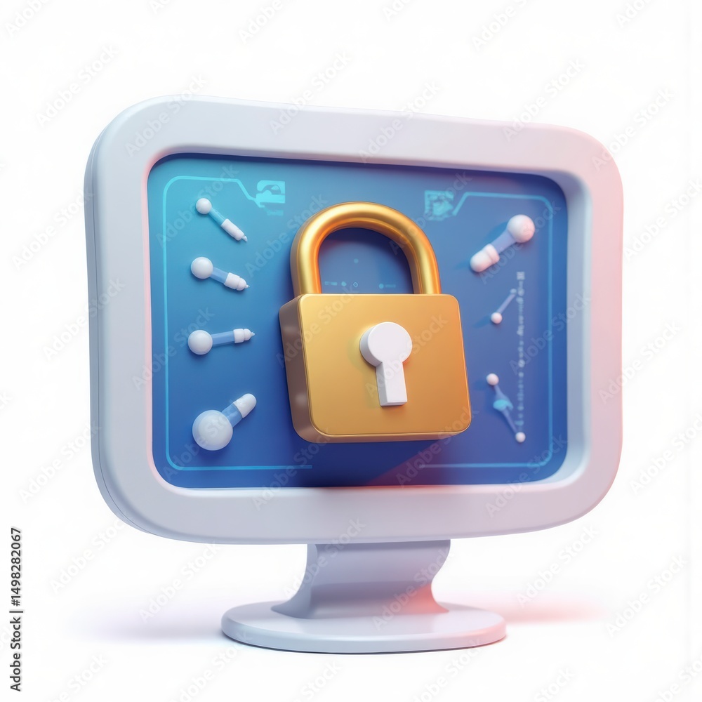 Poster secure data protection: 3d golden padlock on monitor illustrating online security