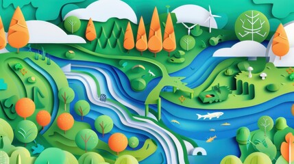 Paper Craft Illustration of a River Landscape with Wind Turbines