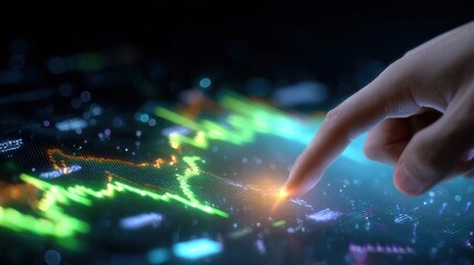 Close-Up of Finger Touching Glowing Trading Graph Interface – Real-Time Financial Market Analysis Concept, Fintech UI, Investment Technology, and Interactive Data Visualization
