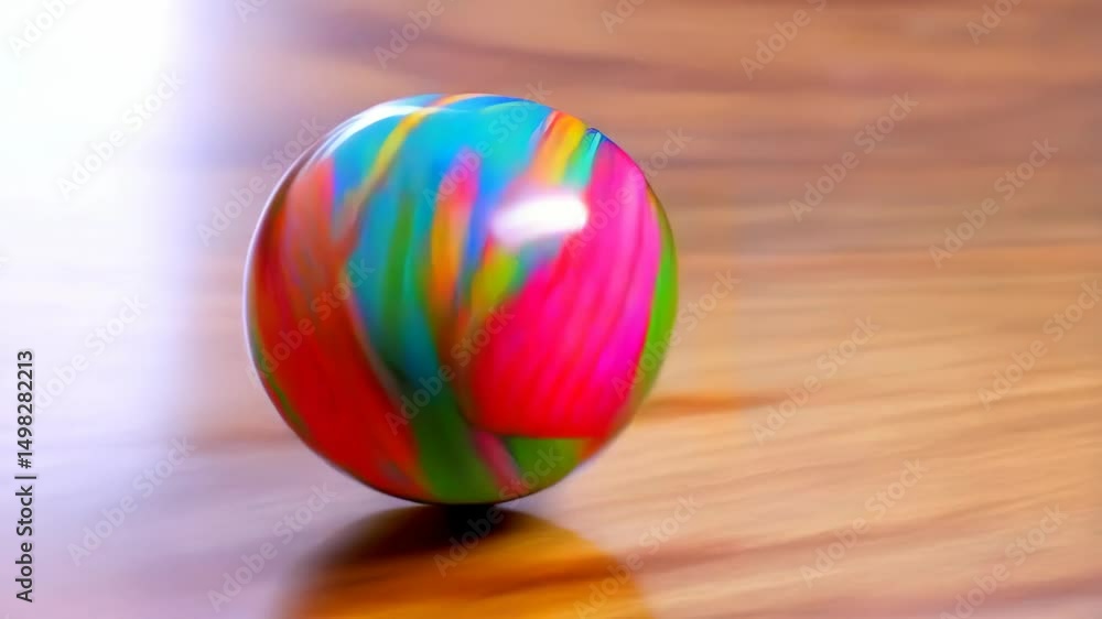 Poster vibrant multicolored sphere casting soft shadow on light brown wooden surface with horizontal grain,