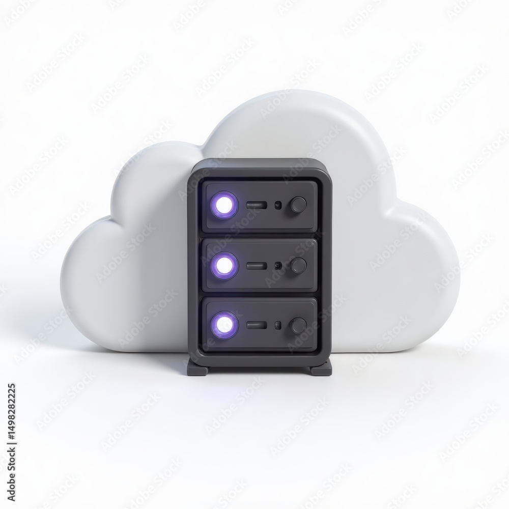 Poster cloud server hosting: data storage icon with three servers and white cloud shape
