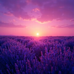 Naklejka premium Vibrant lavender field at sunset with cinematic purple hues and blooming light effects
