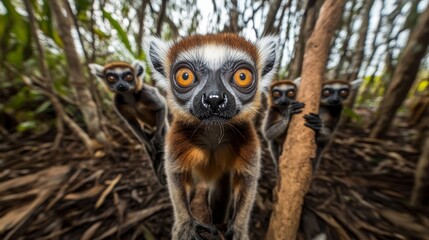 Obraz premium Lemurs exploring their natural habitat in Madagascar at midday amidst lush greenery and vibrant foliage
