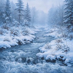 Serene winter landscape with a gentle river misty steam and a cool color scheme perfect for tranquil and peaceful concepts