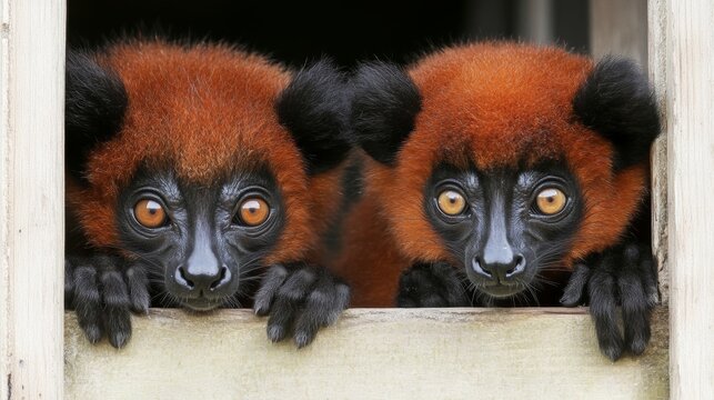 Curious red ruffed lemurs peek out from their shelter in a lush forest habitat during the daytime