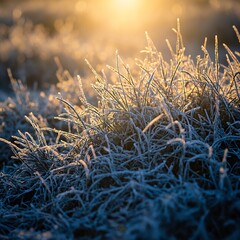 Fototapeta premium Majestic sunrise over frosty grass glistening in golden light an ethereal winter scene captured in shades of blue