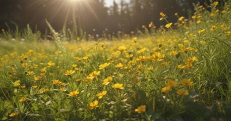 Vibrant yellow wildflowers bask in summer sun , sunlit, background, bloom