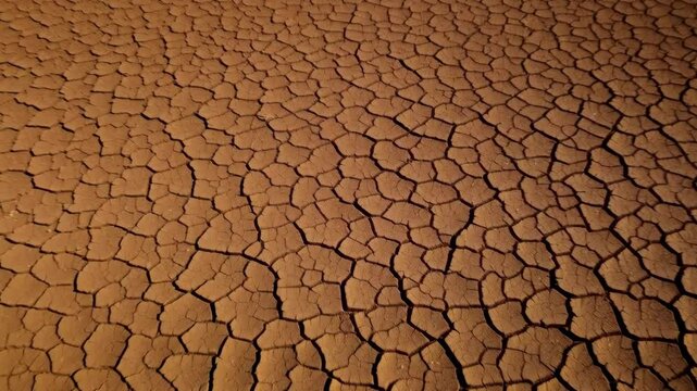 Parched earth reveals a cracked, dry surface with intricate patterns, highlighting desiccation and arid landscape, brown ground texture.