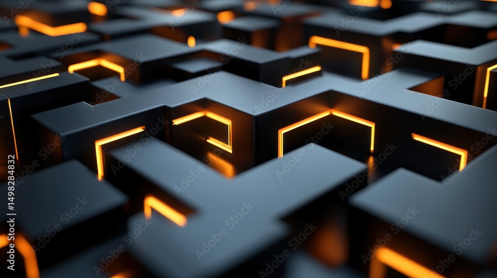 Poster abstract geometric pattern of interlocking dark cubes with glowing orange lines