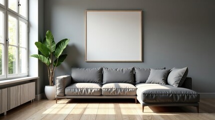 Modern Sectional Sofa with Large Blank Canvas in a Light-Filled Room Featuring a Stylish Indoor Plant