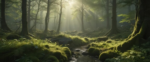 Sunbeams pierce dense foliage, creating ethereal glow on mossy undergrowth,  moss,  texture,  pattern