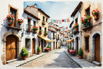 Fototapeta premium Narrow street lined with whitewashed houses and balconies filled with flowers. Laundry hangs between buildings in this vibrant Mediterranean village scene. 