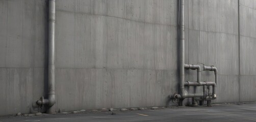 Grey textured concrete wall, industrial pipes & machinery  Gritty factory backdrop , vintage, metal