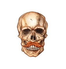 Realistic skull with red mustache in watercolor illustration. Isolated creepy head for Halloween, Dia de los Muertos, spooky decor, gothic poster, dark fantasy, horror design, occult theme.