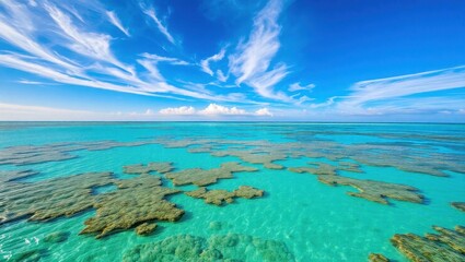 Aerial View of Shallow Coral Reefs in Clear Turquoise Ocean Under Blue Sky